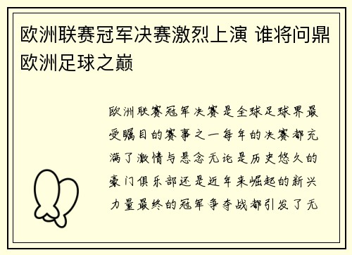 欧洲联赛冠军决赛激烈上演 谁将问鼎欧洲足球之巅