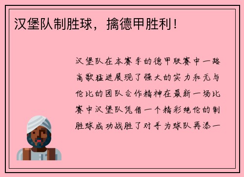 汉堡队制胜球，擒德甲胜利！