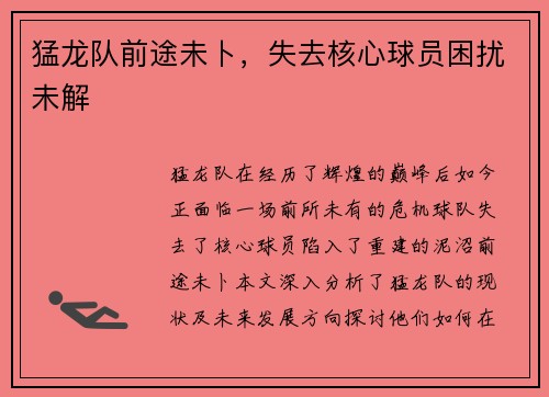 猛龙队前途未卜，失去核心球员困扰未解